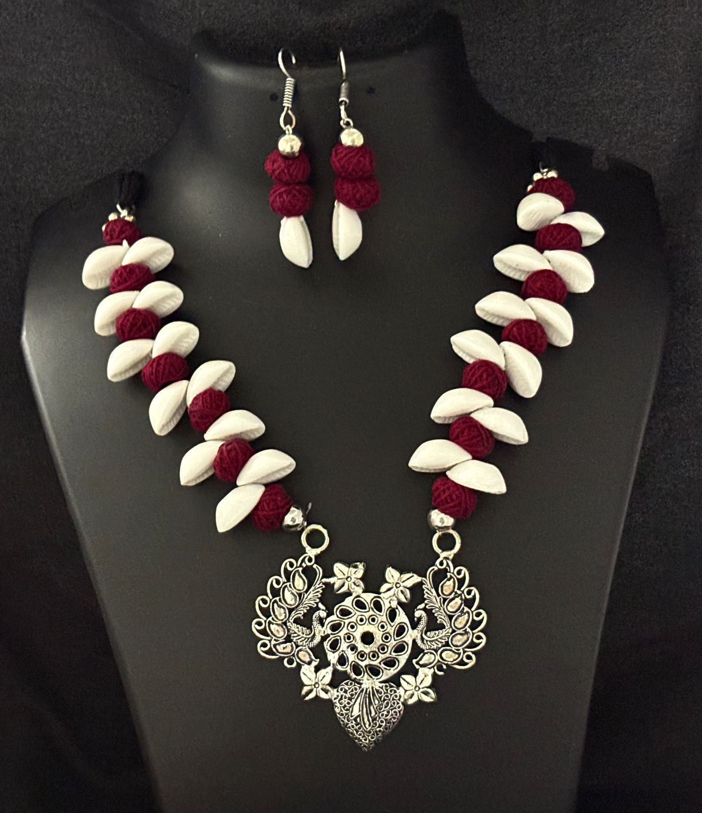 Handcrafted Shell and Thread Necklace Set with Antique Silver Pendant