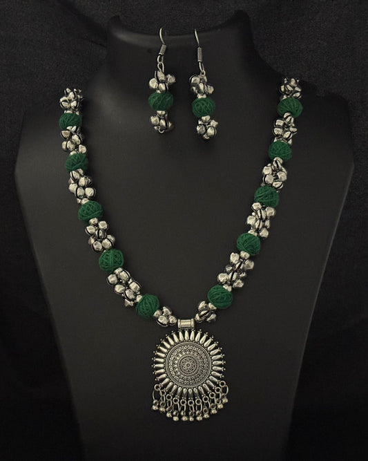 Handcrafted Green Thread & Oxidized Silver Necklace Set