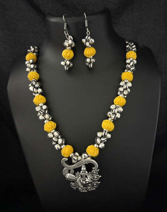 Handcrafted Silver and Yellow Beaded Necklace Set